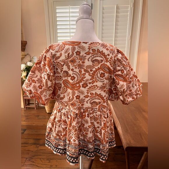 Anthropologie Paisley Puff-Sleeve Babydoll Blouse Scoop Neck Boho Cotton L NWT - Picture 4 of 9